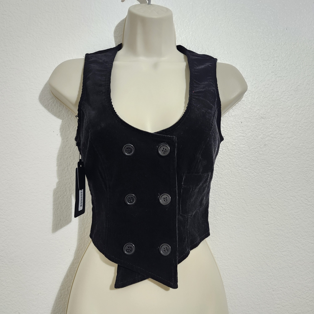 Black Ribbed Velvet Front Pocket Double-Breasted Vest NEVER WORN